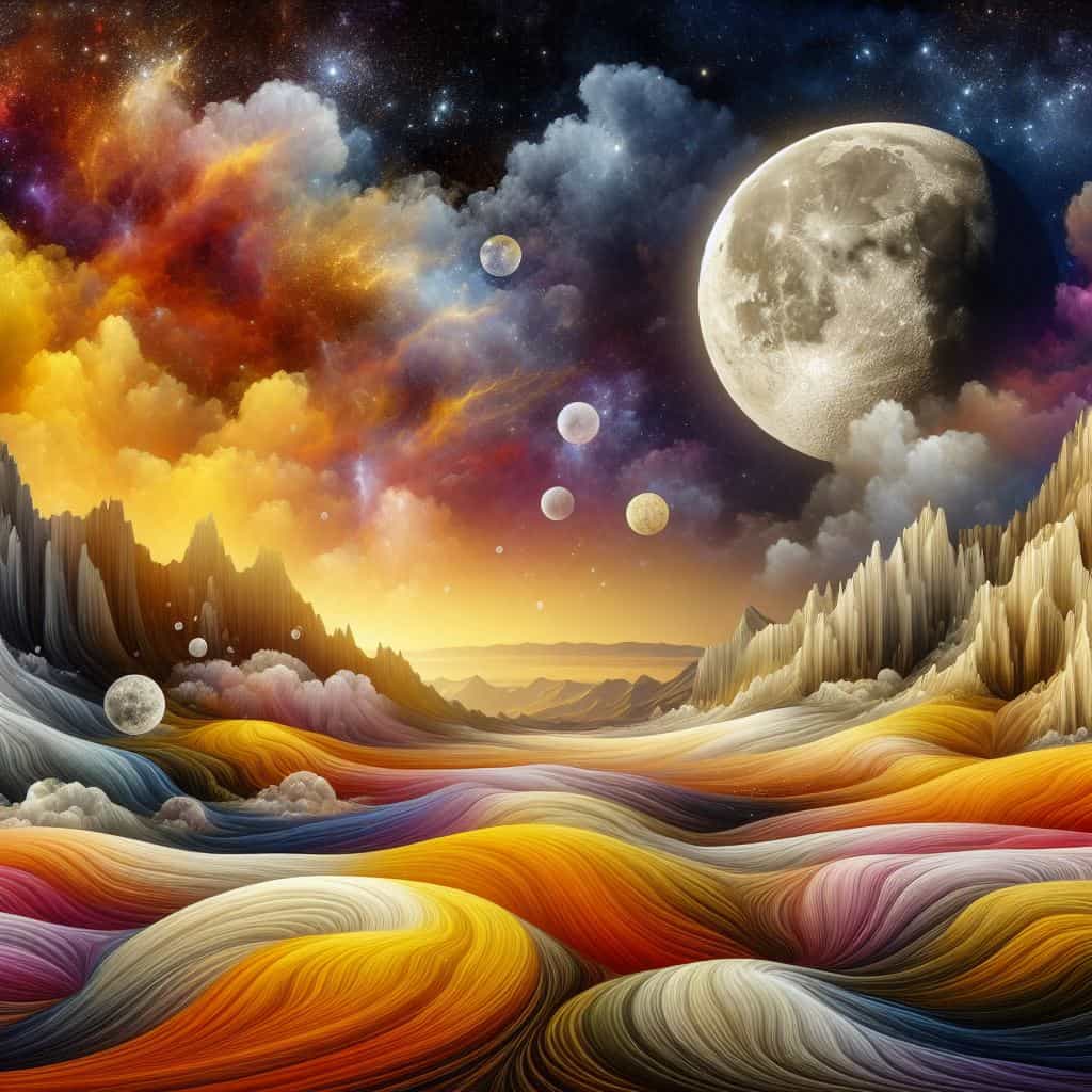 Moonlit Palette: A Surreal Landscape in Yellow, White, Black, Orange, and Purple Enchantment