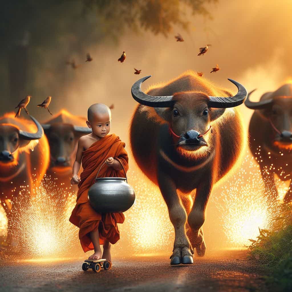 Monk Merriment: Hilarious Viral Frenzy as Young Monk Herds Buffaloes with Laughter