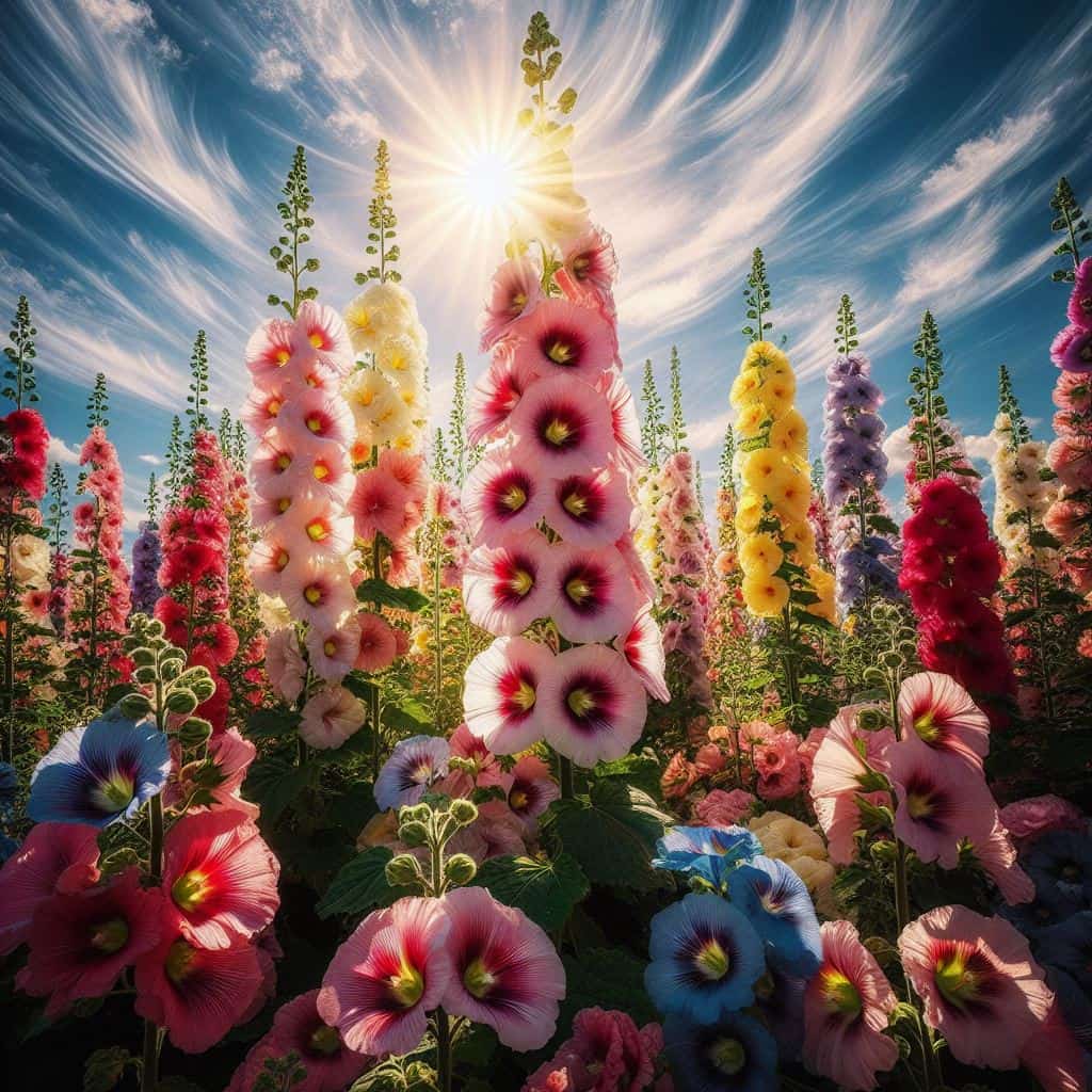 Nature’s Canvas: A Breathtaking Showcase of Hollyhock Flowers Against a Sunny Blue Sky