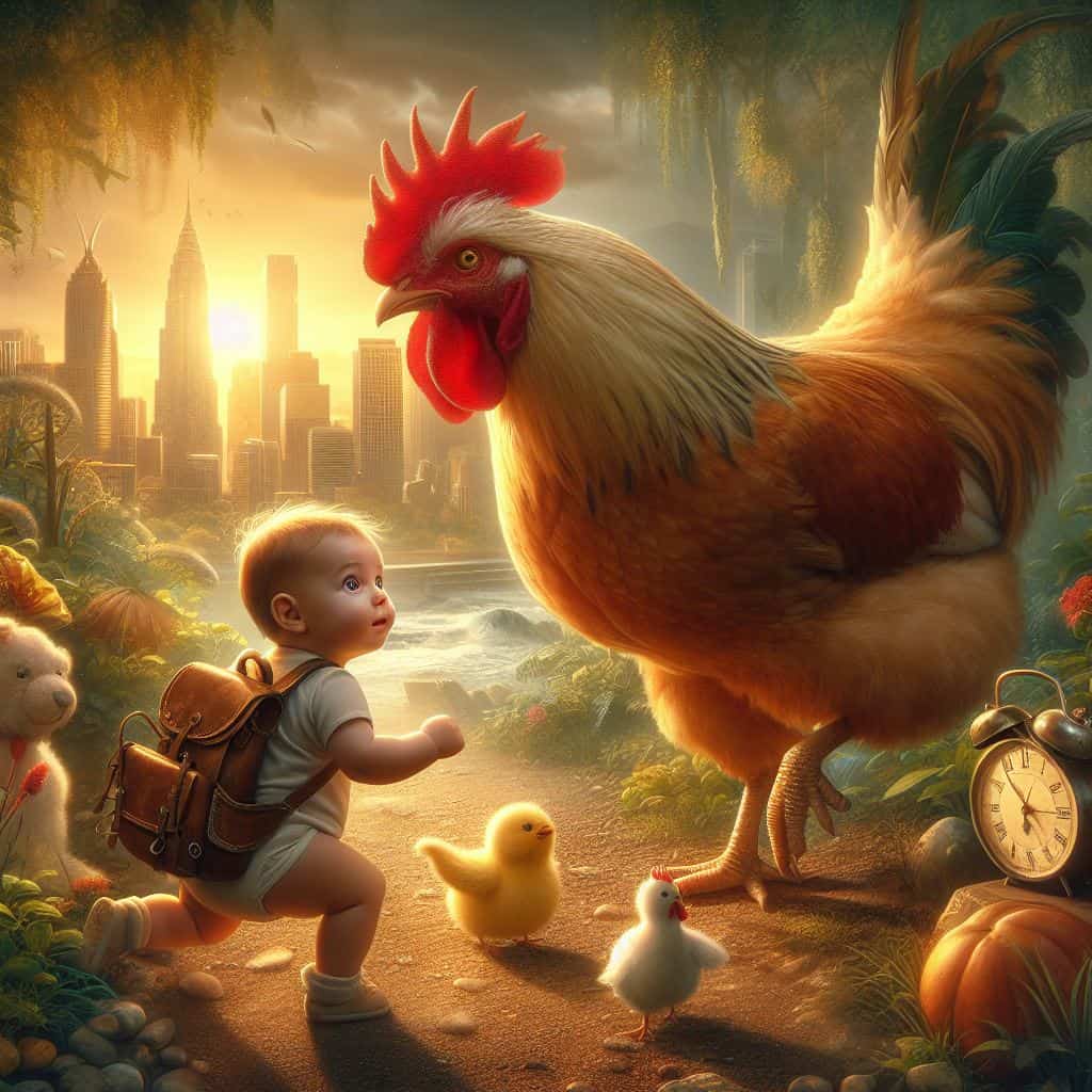 Cluck and Chuckle: The Baby’s City Adventure with a Roaming Chicken