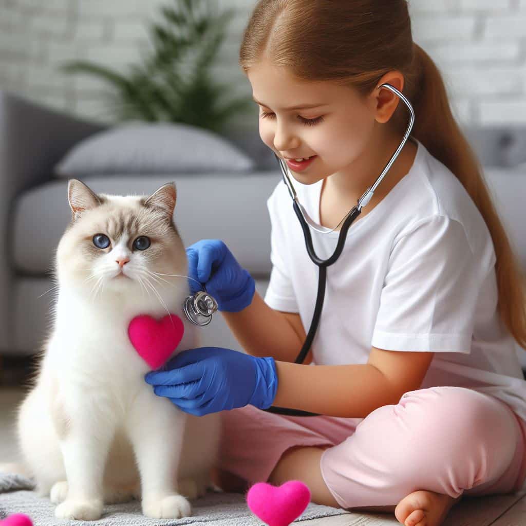 Healing Hues: Child Plays Doctor with Beloved Cat, Painting Heartwarming Scenes for All