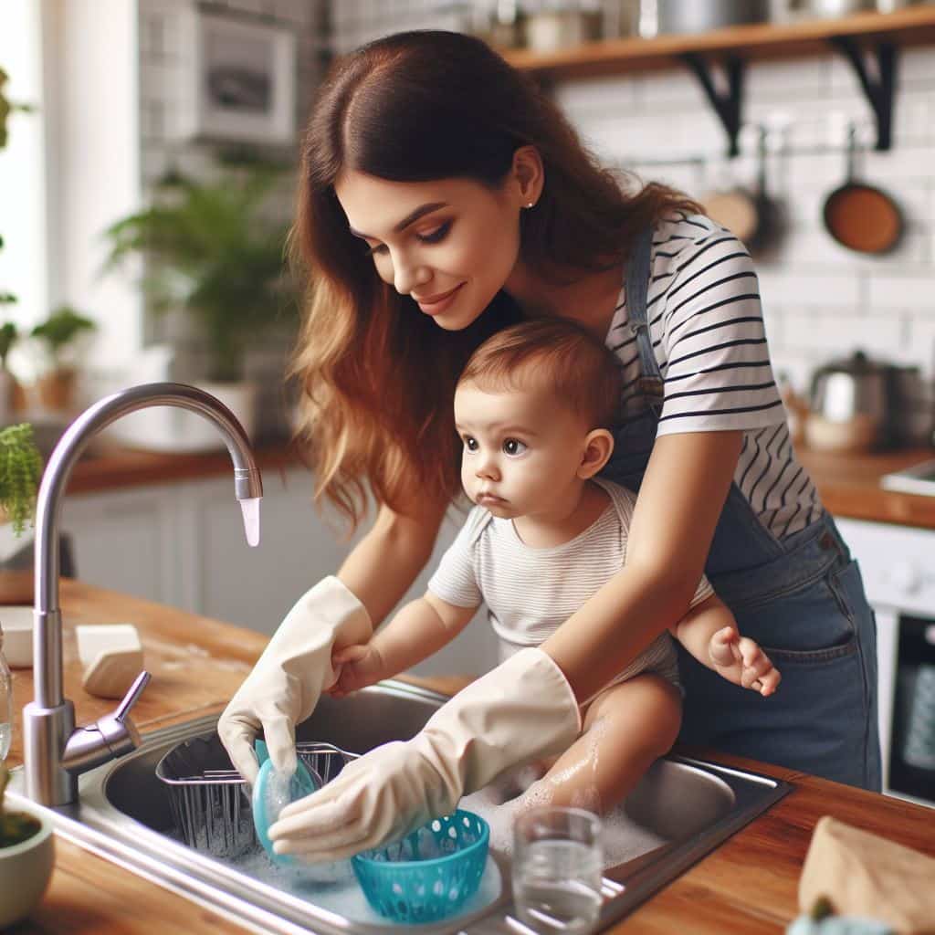 Bonding Bubbles: Heartwarming Images of the Baby Assisting Mom with Dishwashing