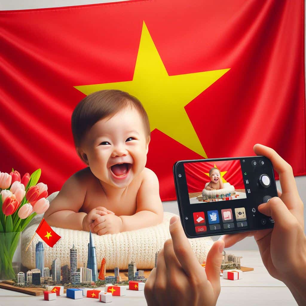 Patriotic Purity: Smiling Baby Steals the Limelight under the National Flag of Vietnam on Social Media