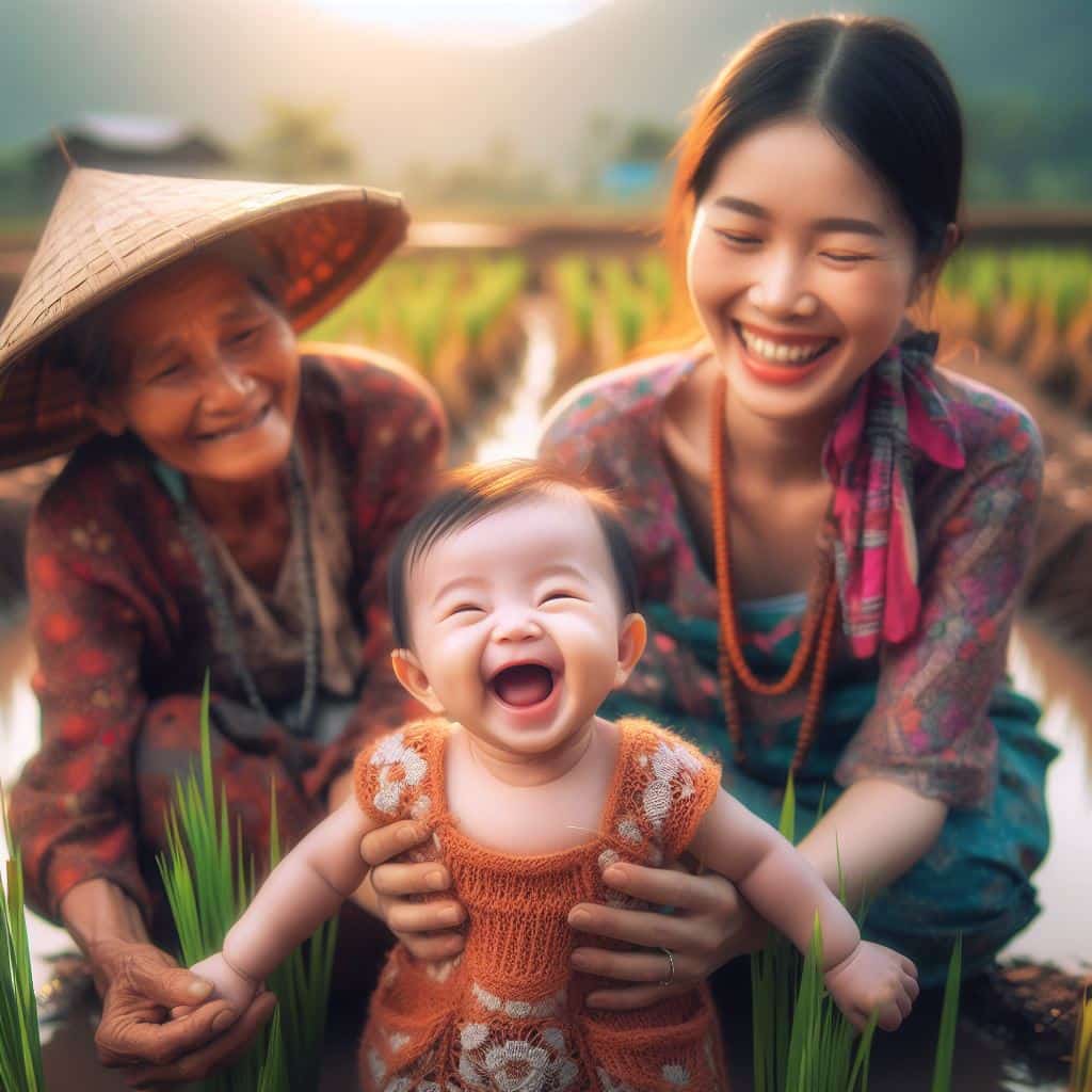 Rice Terrace Radiance: The Baby’s Joyous Face Brings Joy and Support to the Family in Planting