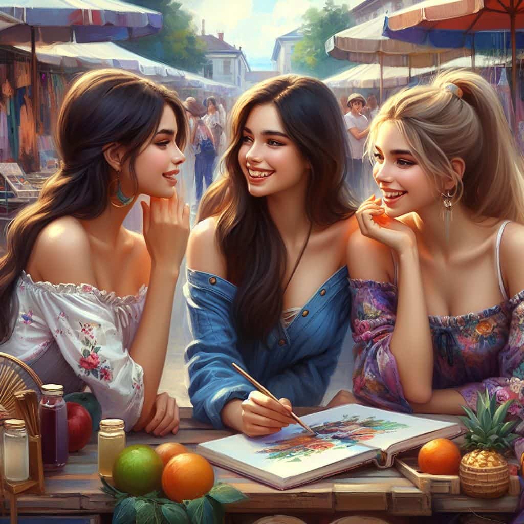 Market Magic: Three Beautiful Girls Paint a Vivid Picture with Charming Conversations